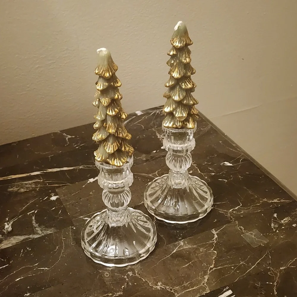 Christmas Tree Candles with Glass Candle Holders Set